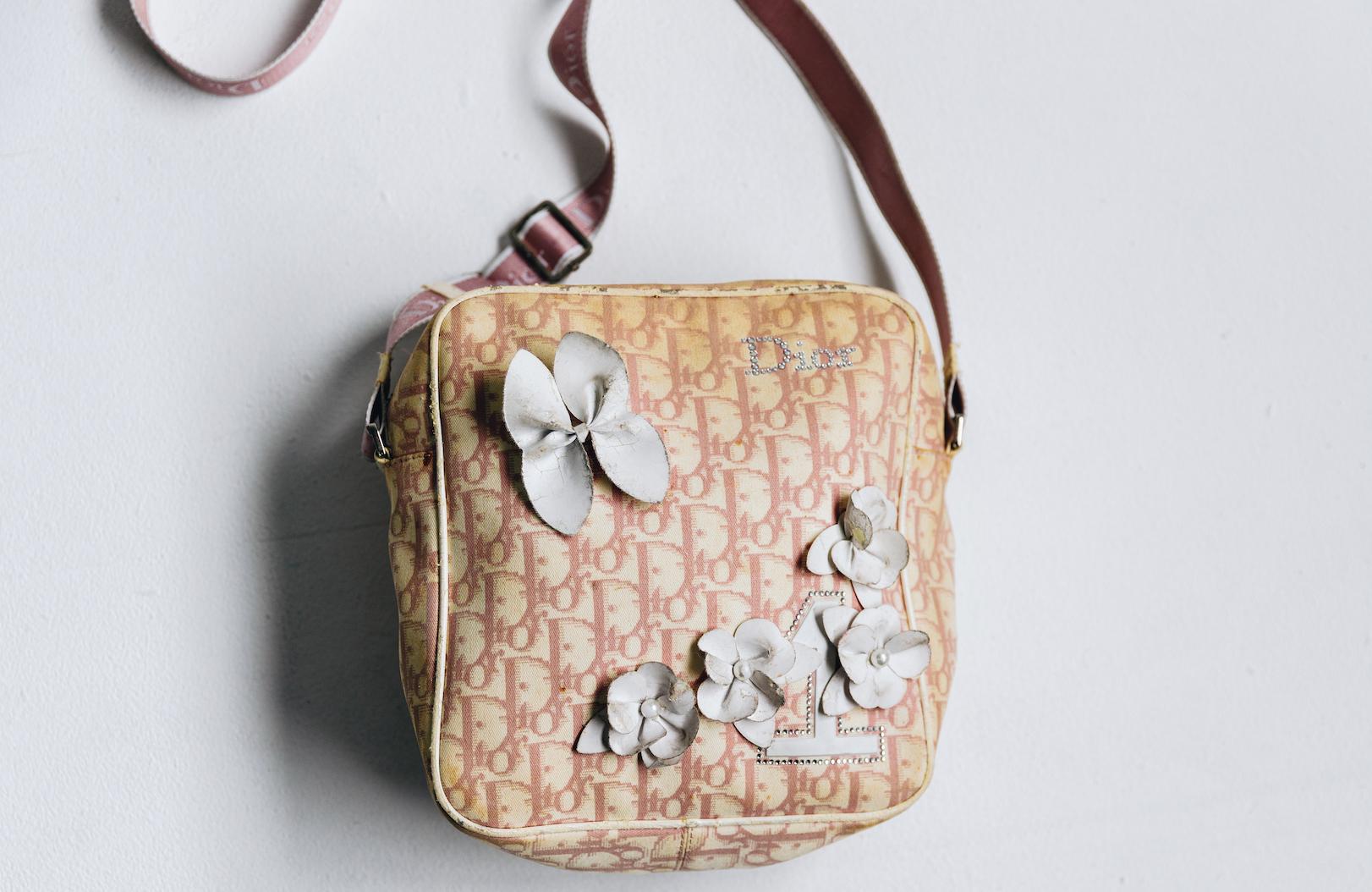 Vintage Dior Trotter Canvas Pink Flower Shoulder Bag