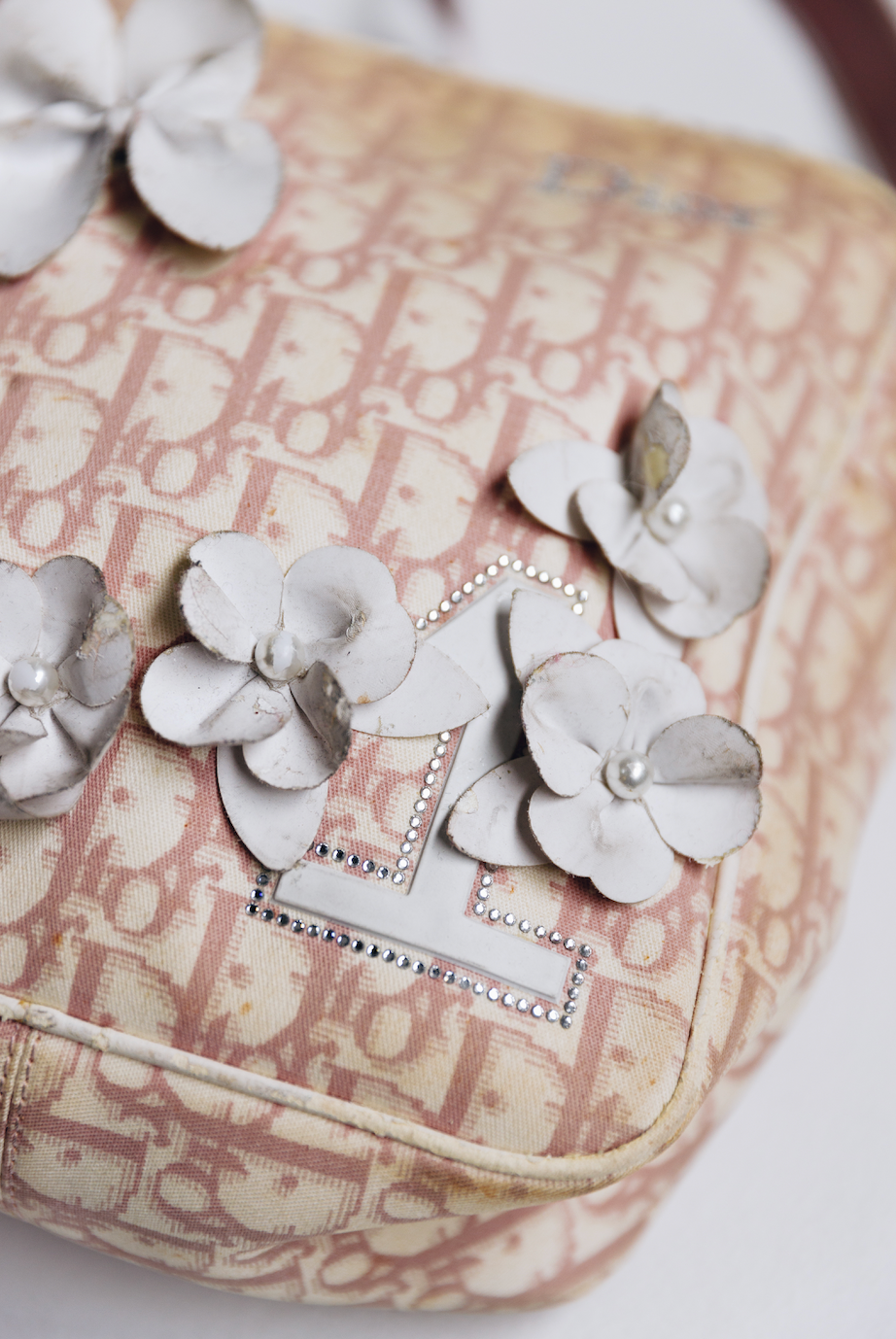 Vintage Dior Trotter Canvas Pink Flower Shoulder Bag