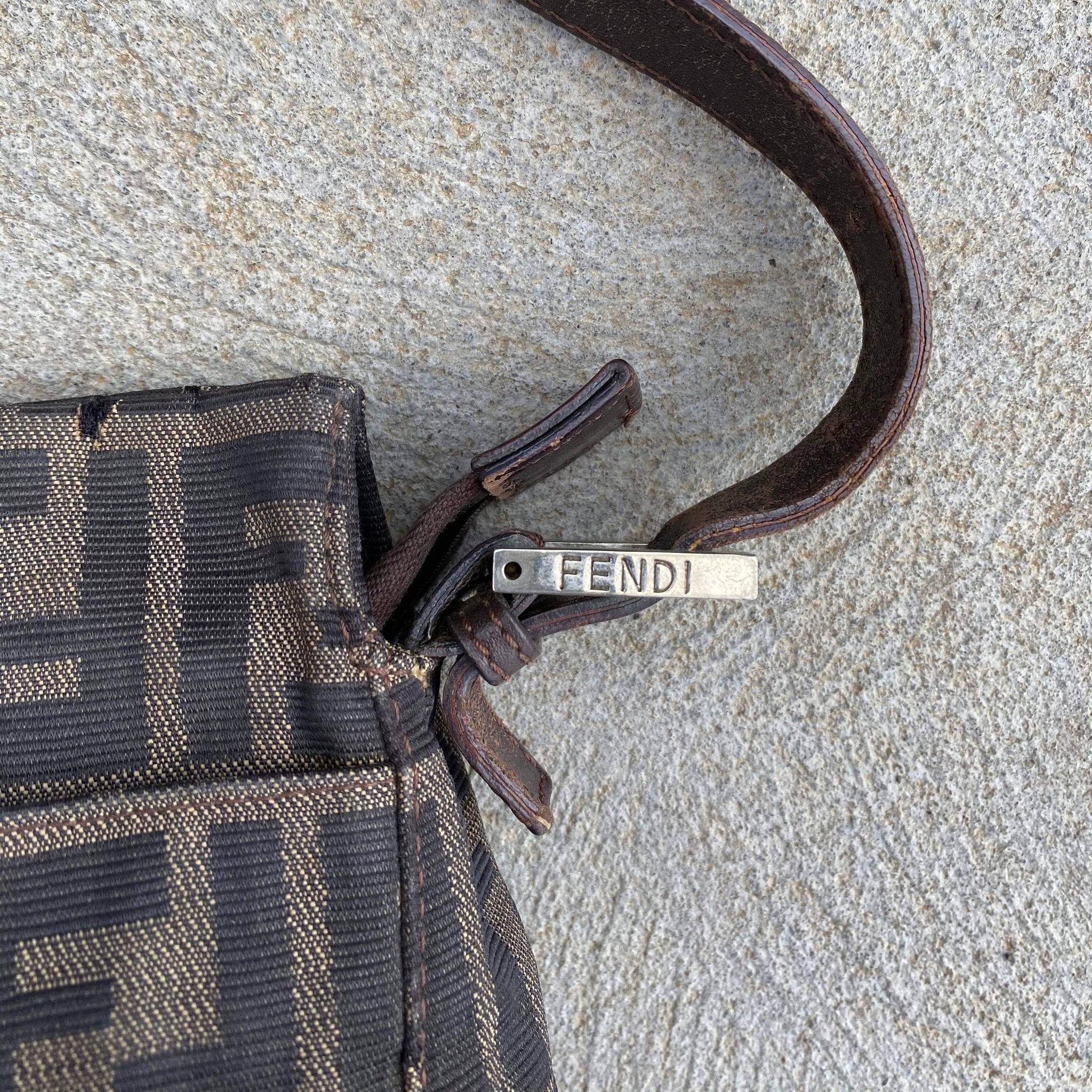 Fendi Vintage Zucca Monogram Canvas Leather Strap Large Baguette Bag