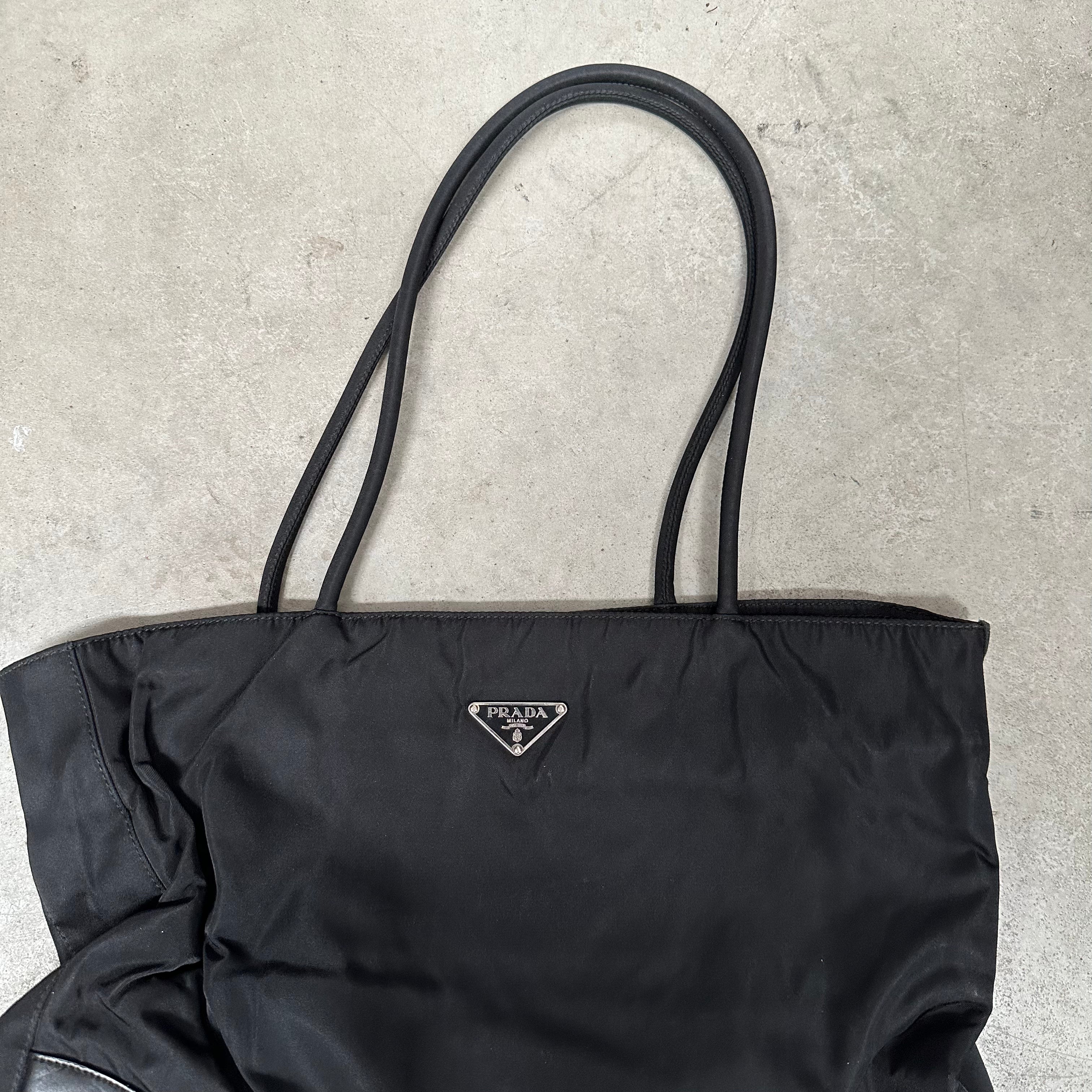 Prada Long Strap Leather Corner Tote Bag Nylon Black