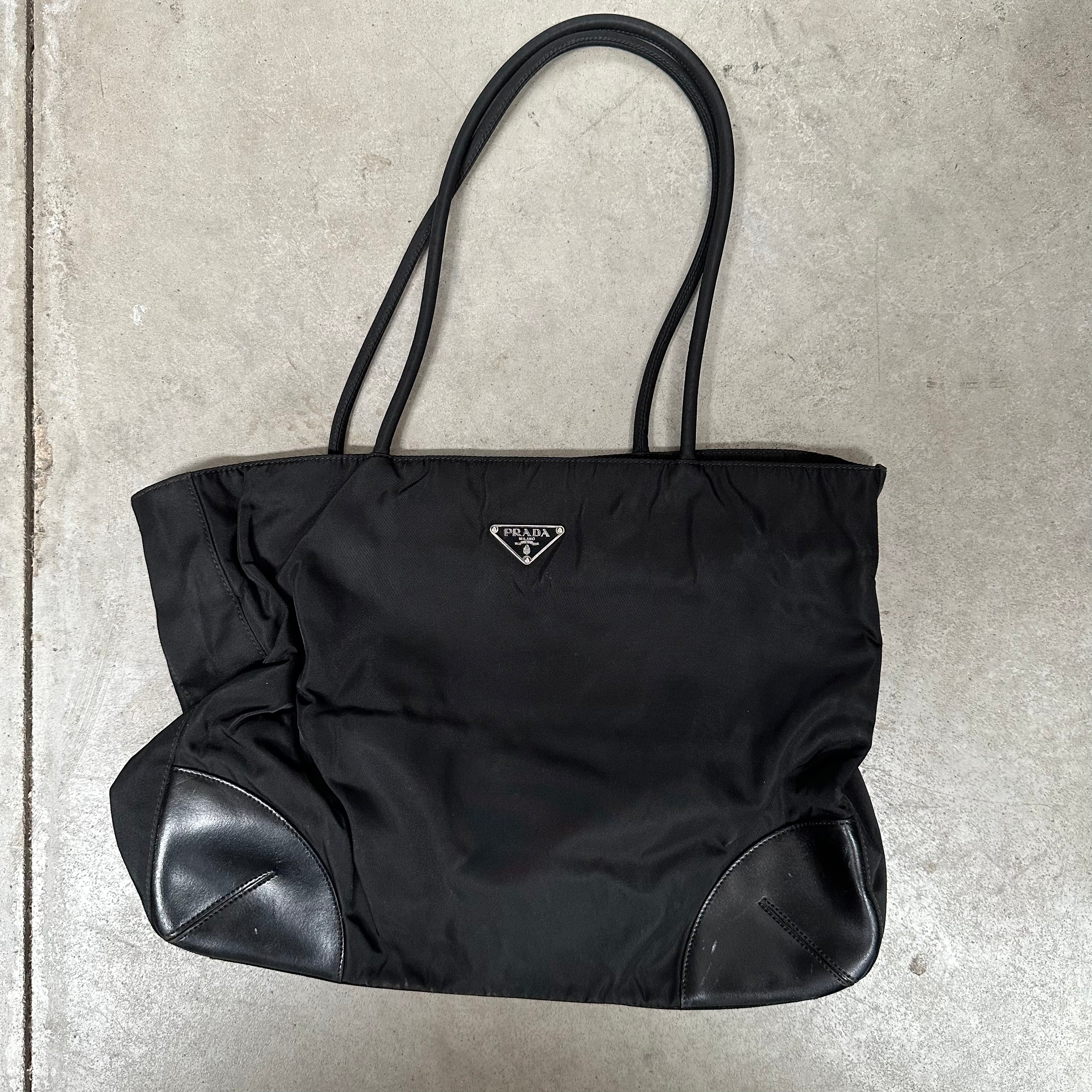 Prada Long Strap Leather Corner Tote Bag Nylon Black