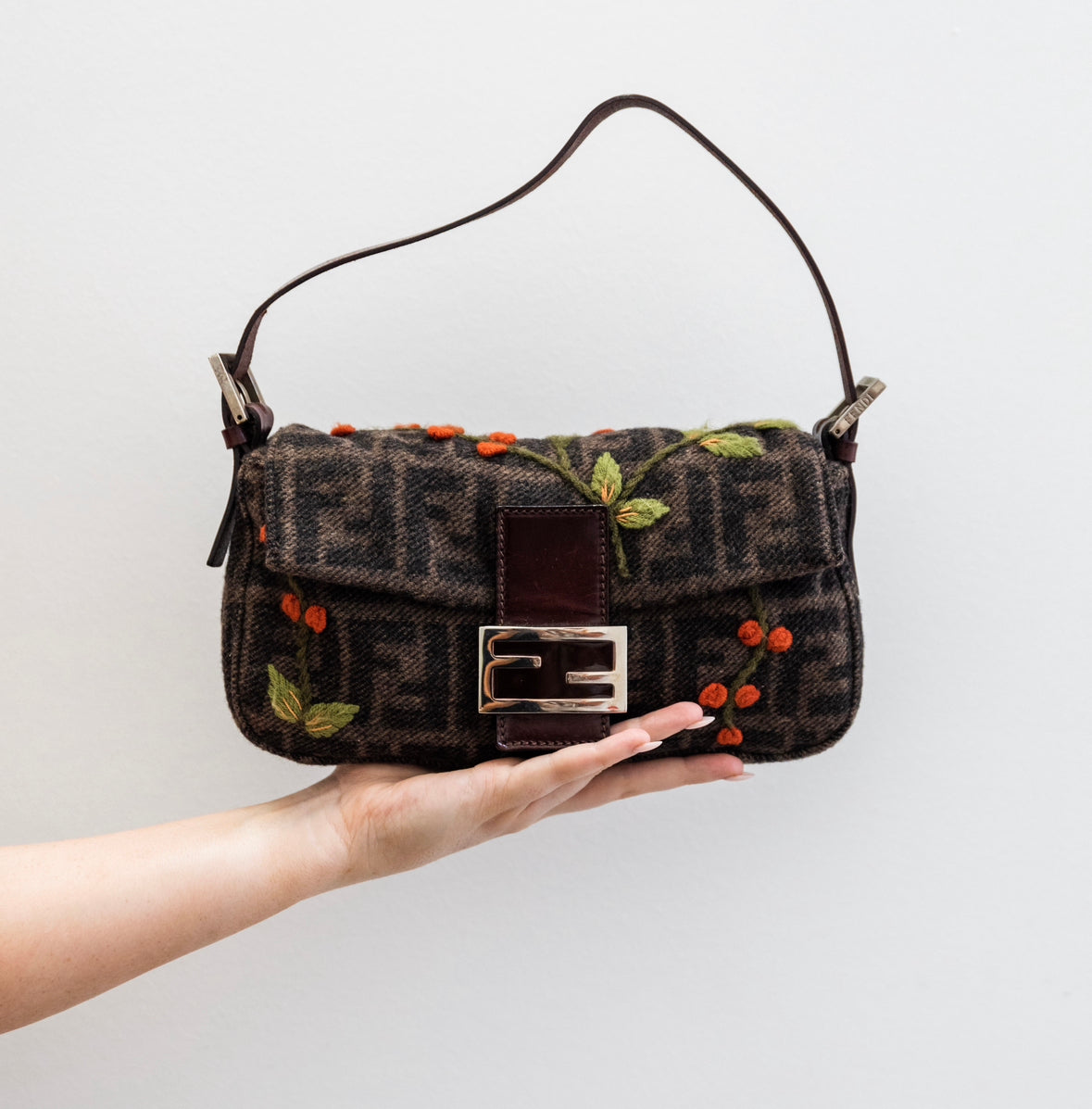 Fendi Embroidery Zucca Print Baguette Bag