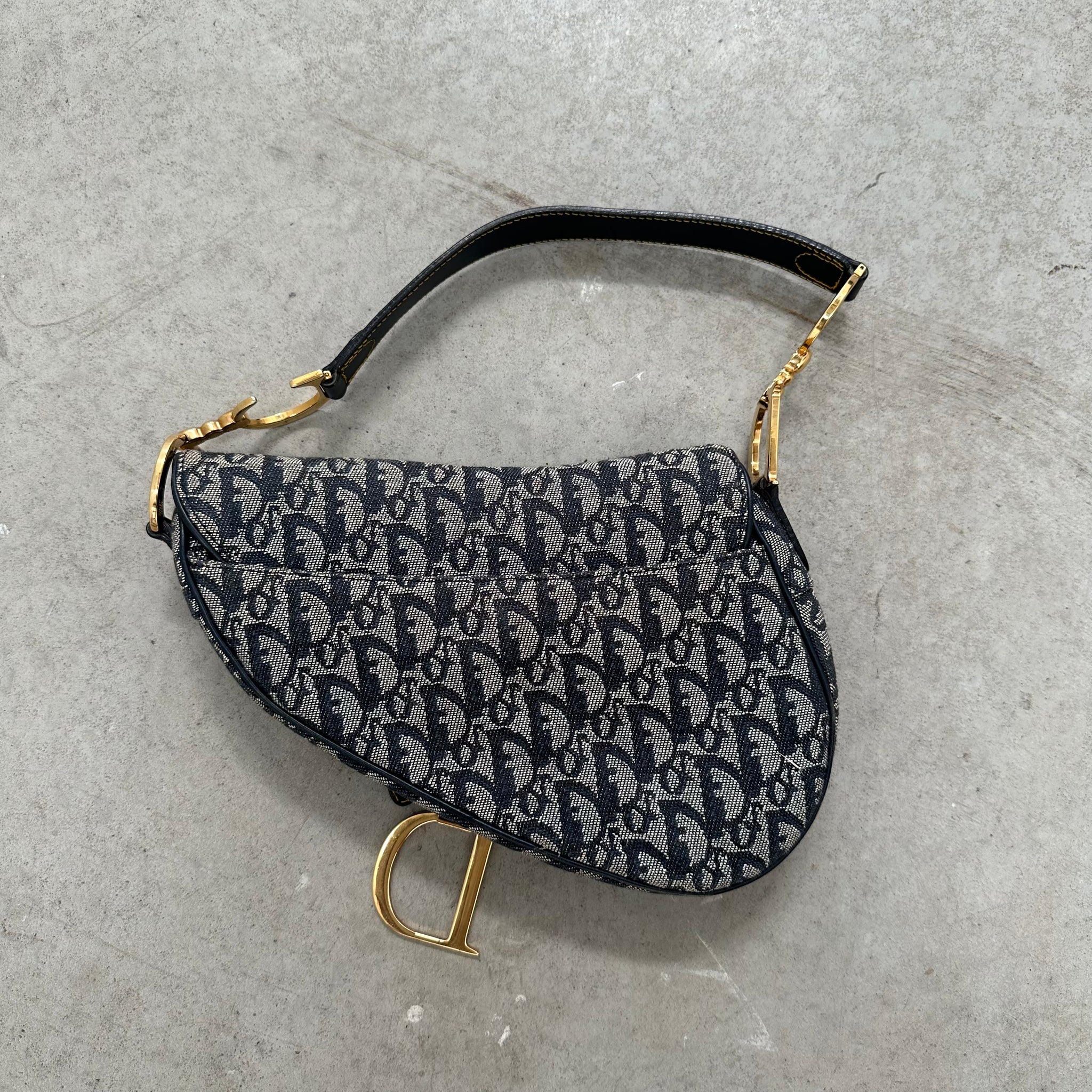 Dior Trotter Saddle Shoulder Bag Canvas Leather Navy