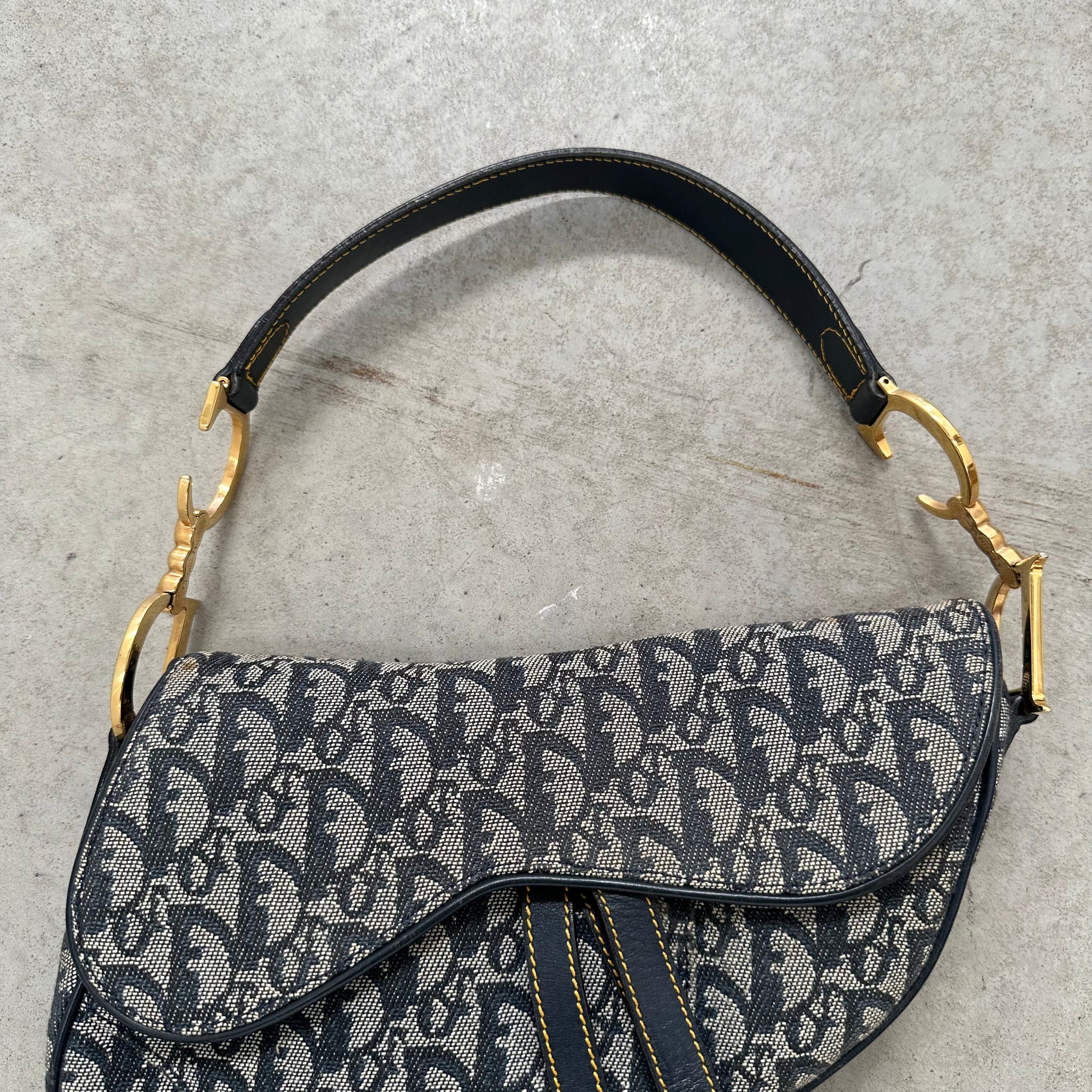 Dior Trotter Saddle Shoulder Bag Canvas Leather Navy