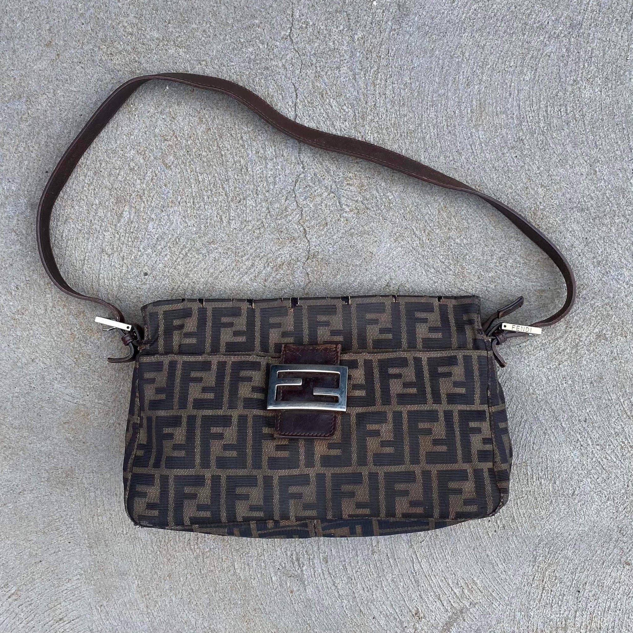Fendi Vintage Zucca Monogram Canvas Leather Strap Large Baguette Bag