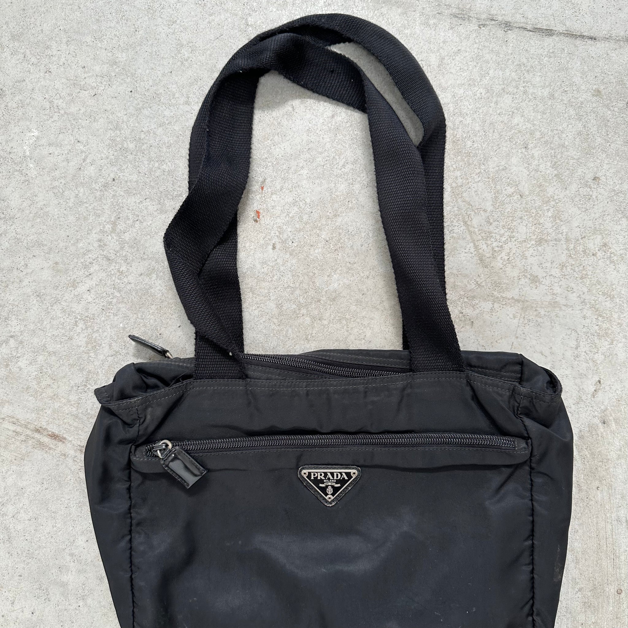 Prada Thick Strap Small Tote Bag Nylon Black