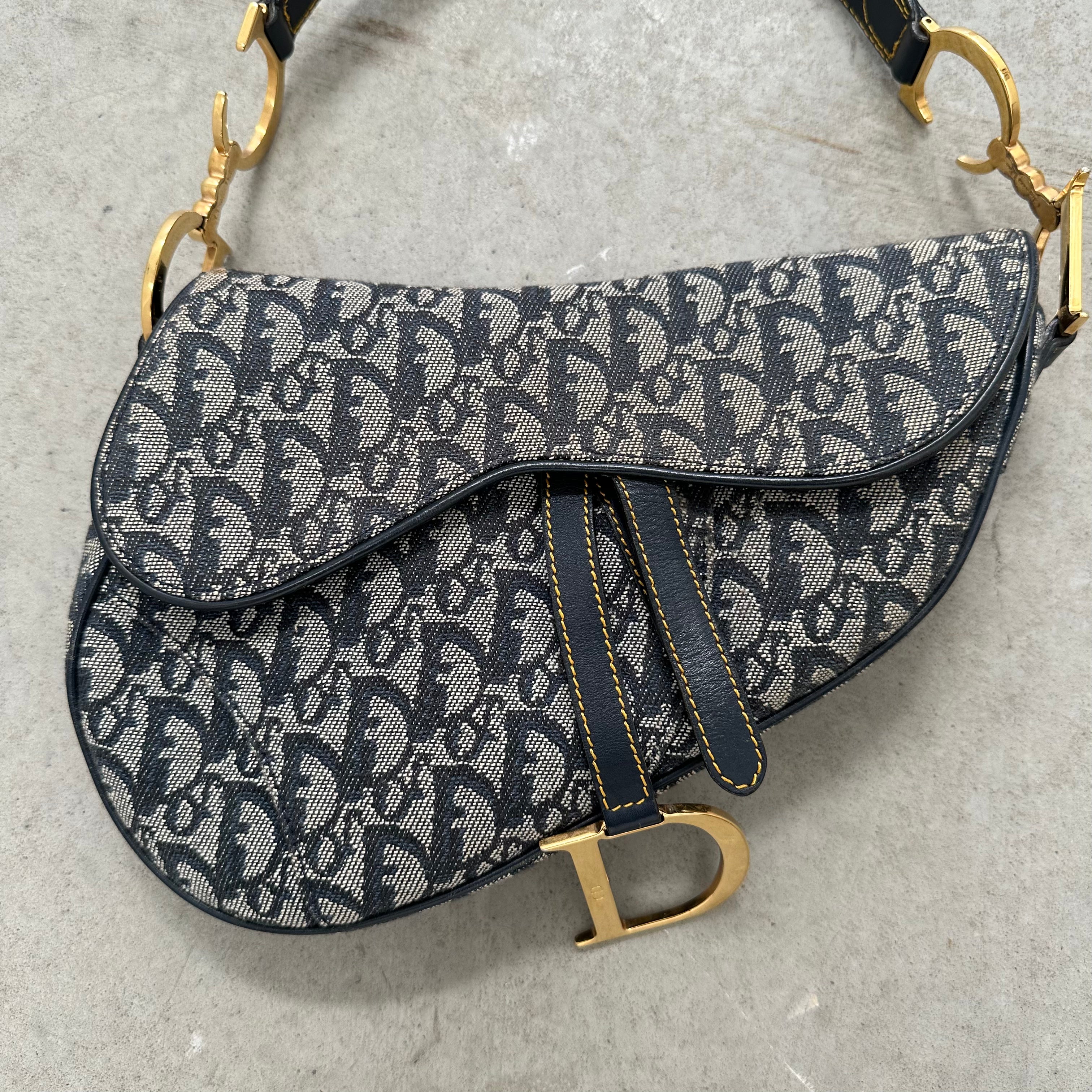 Dior Trotter Saddle Shoulder Bag Canvas Leather Navy