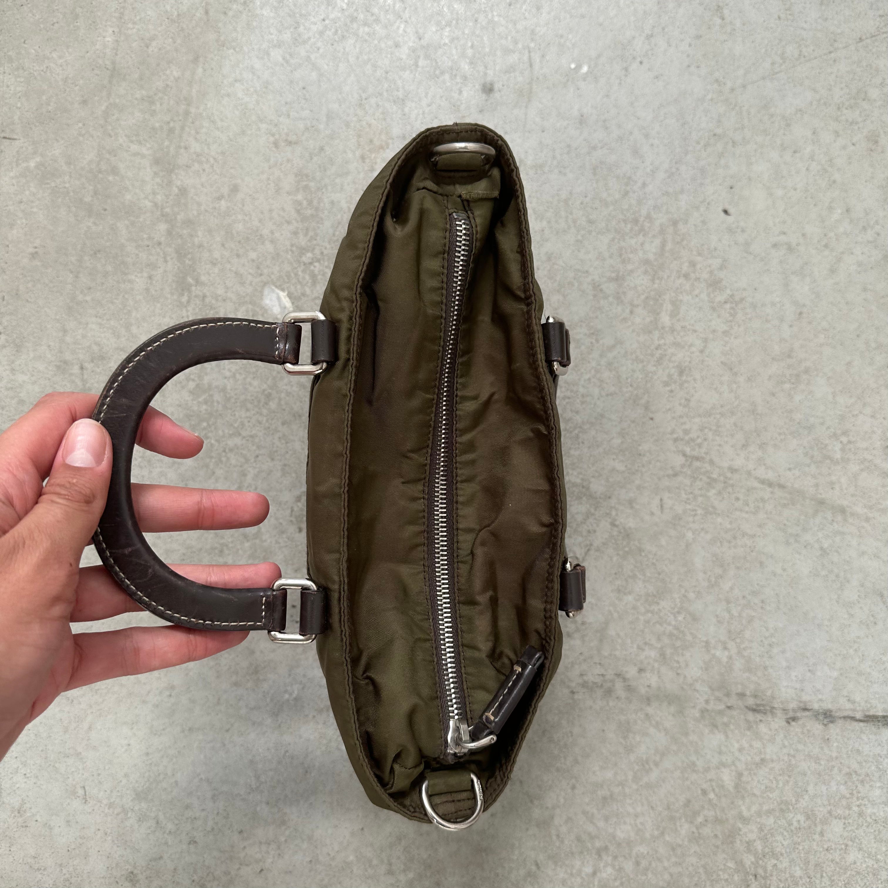 Prada Leather Handle Hand Bag Nylon Khaki