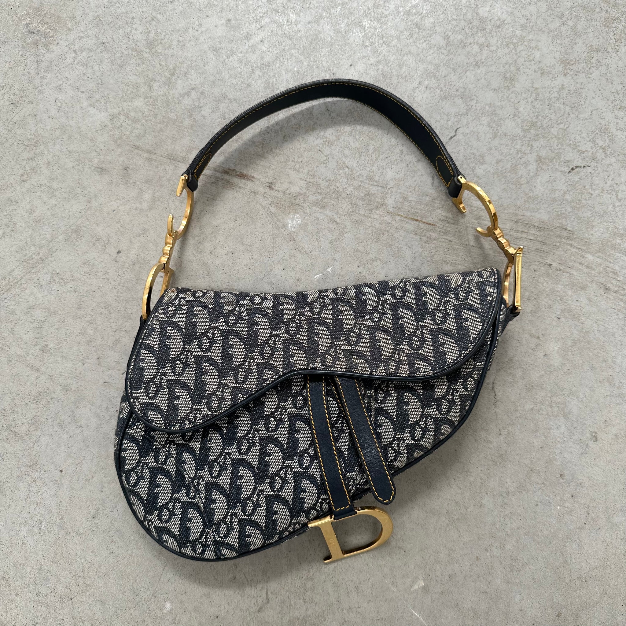 Dior Trotter Saddle Shoulder Bag Canvas Leather Navy