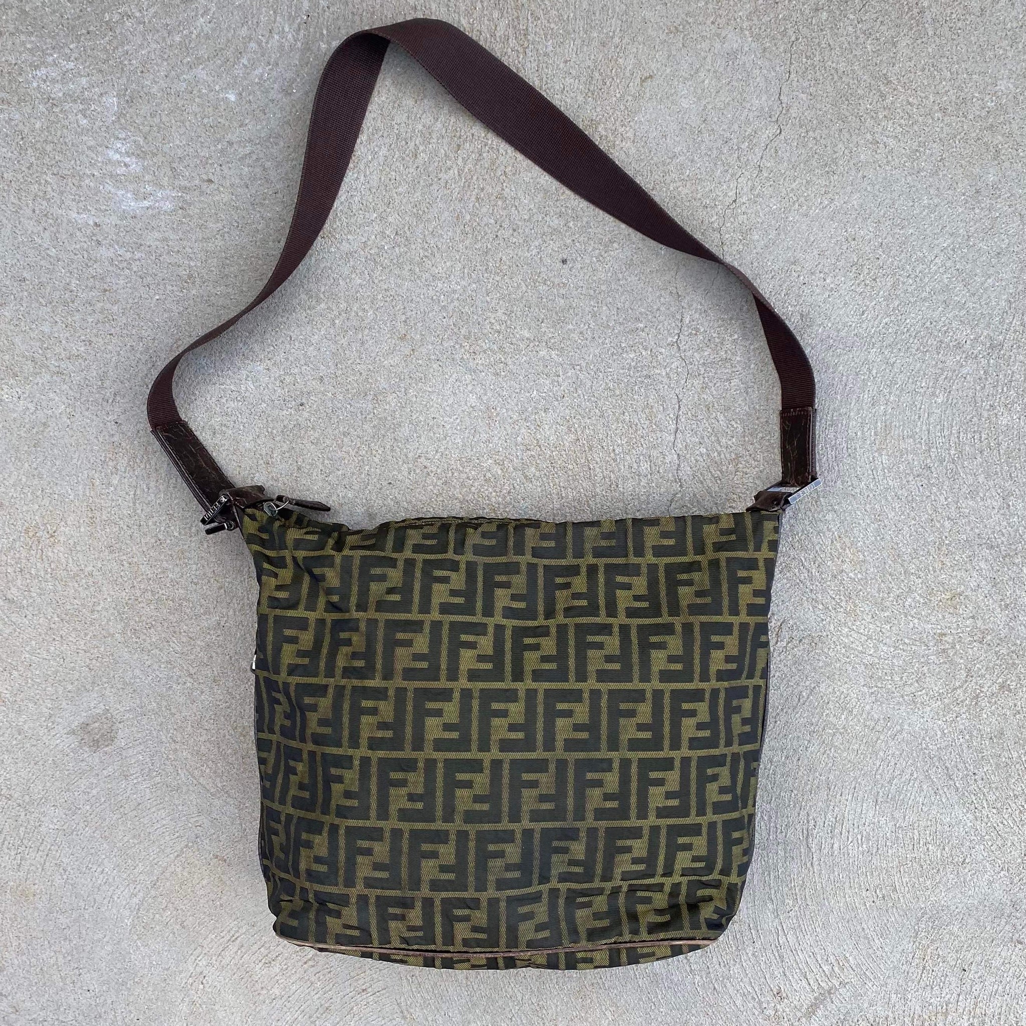 Fendi Vintage Zucca Monogram Canvas Leather Detail Large Side Bag