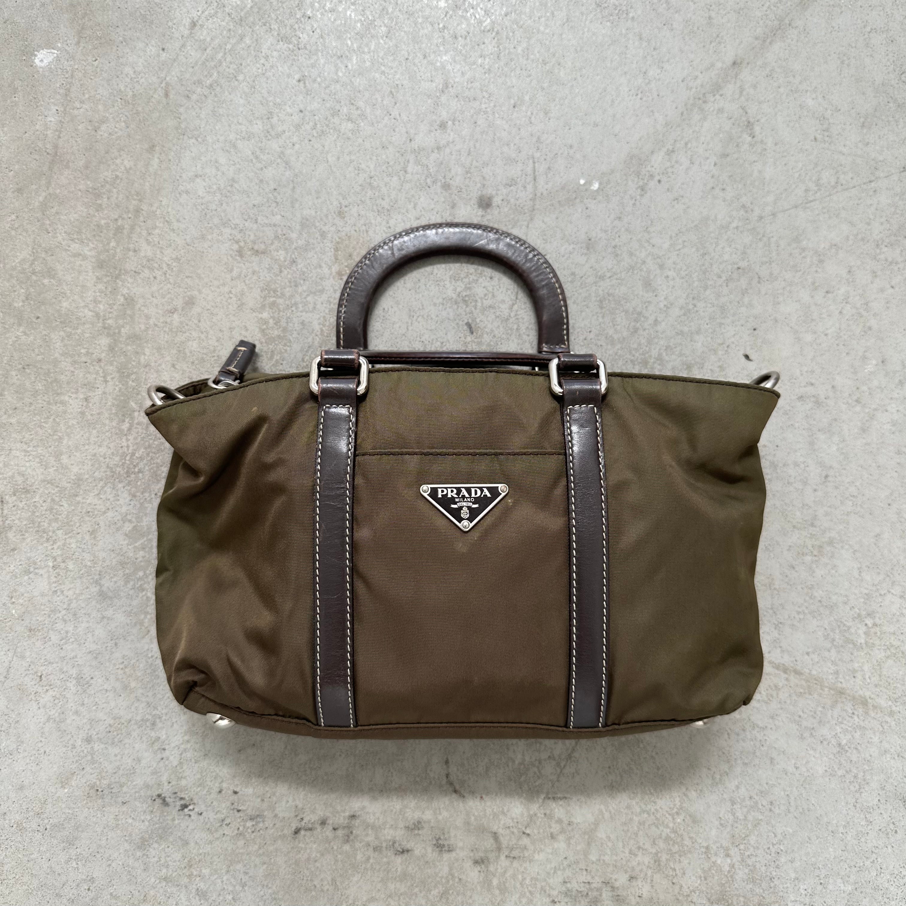 Prada Leather Handle Hand Bag Nylon Khaki
