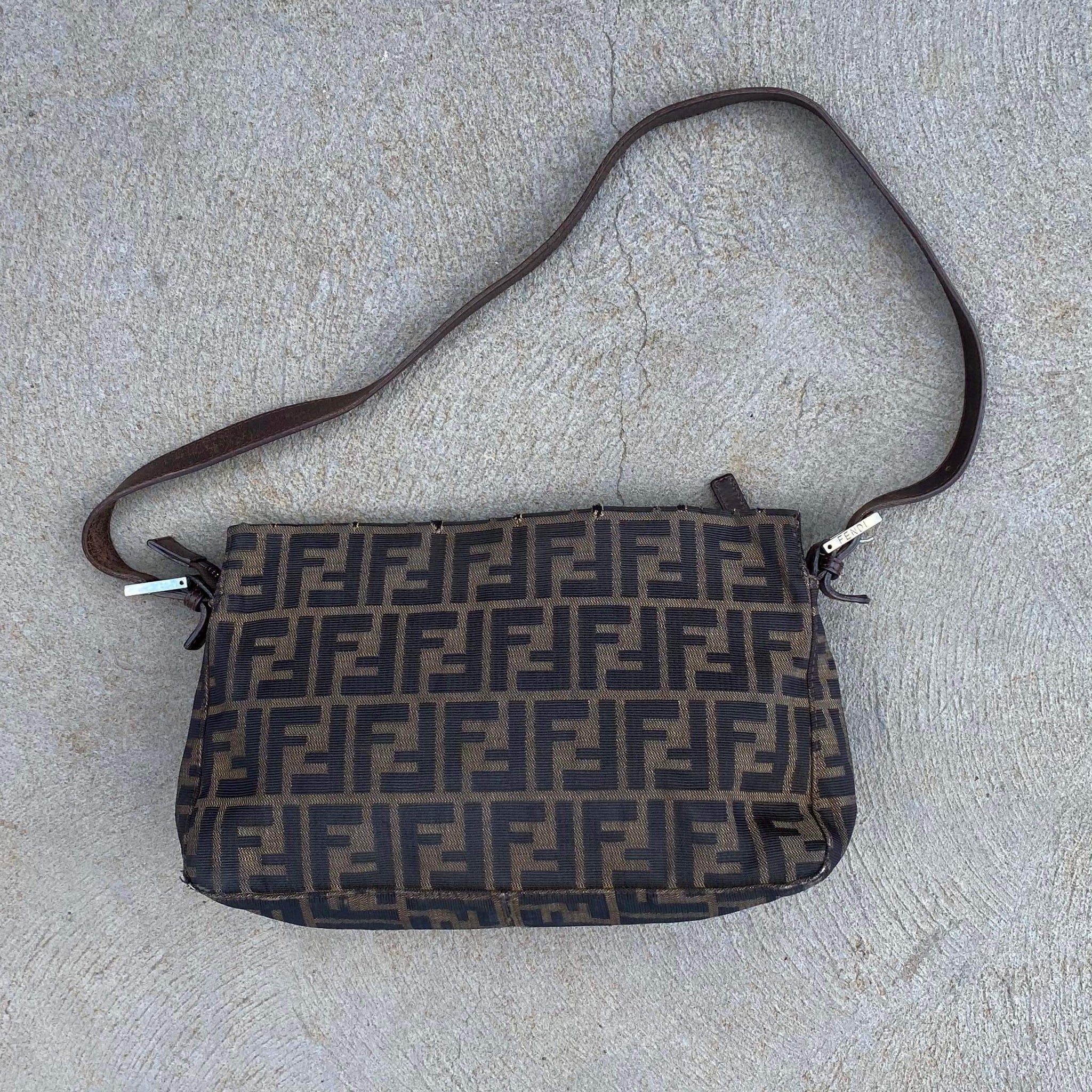 Fendi Vintage Zucca Monogram Canvas Leather Strap Large Baguette Bag