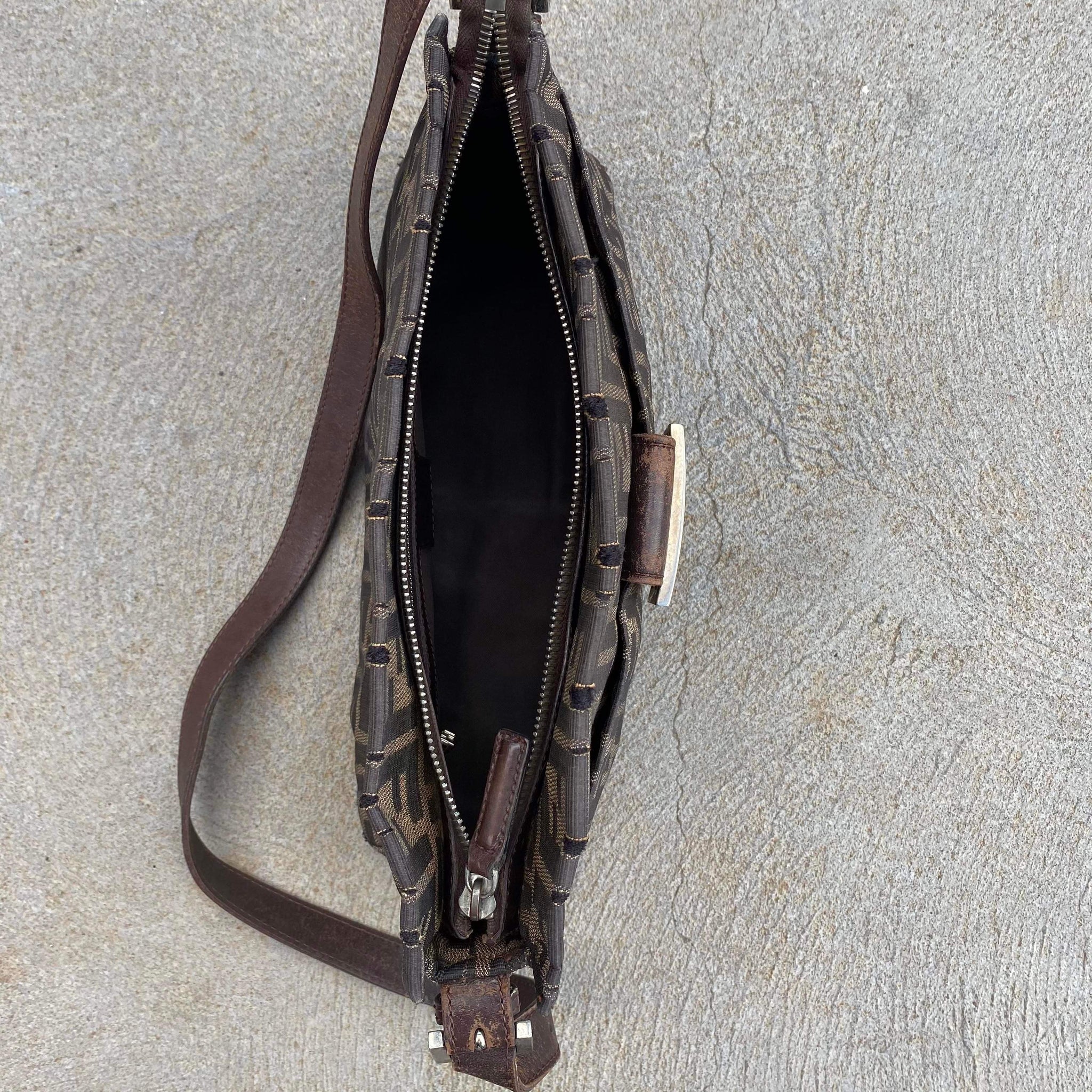 Fendi Vintage Zucca Monogram Canvas Leather Strap Large Baguette Bag