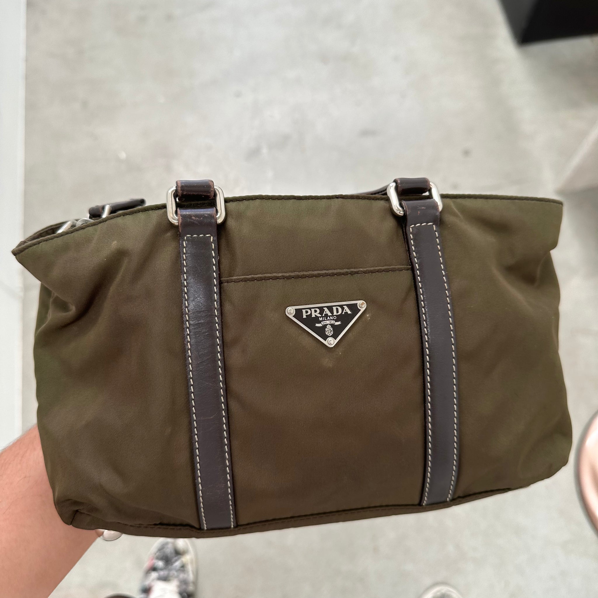 Prada Leather Handle Hand Bag Nylon Khaki