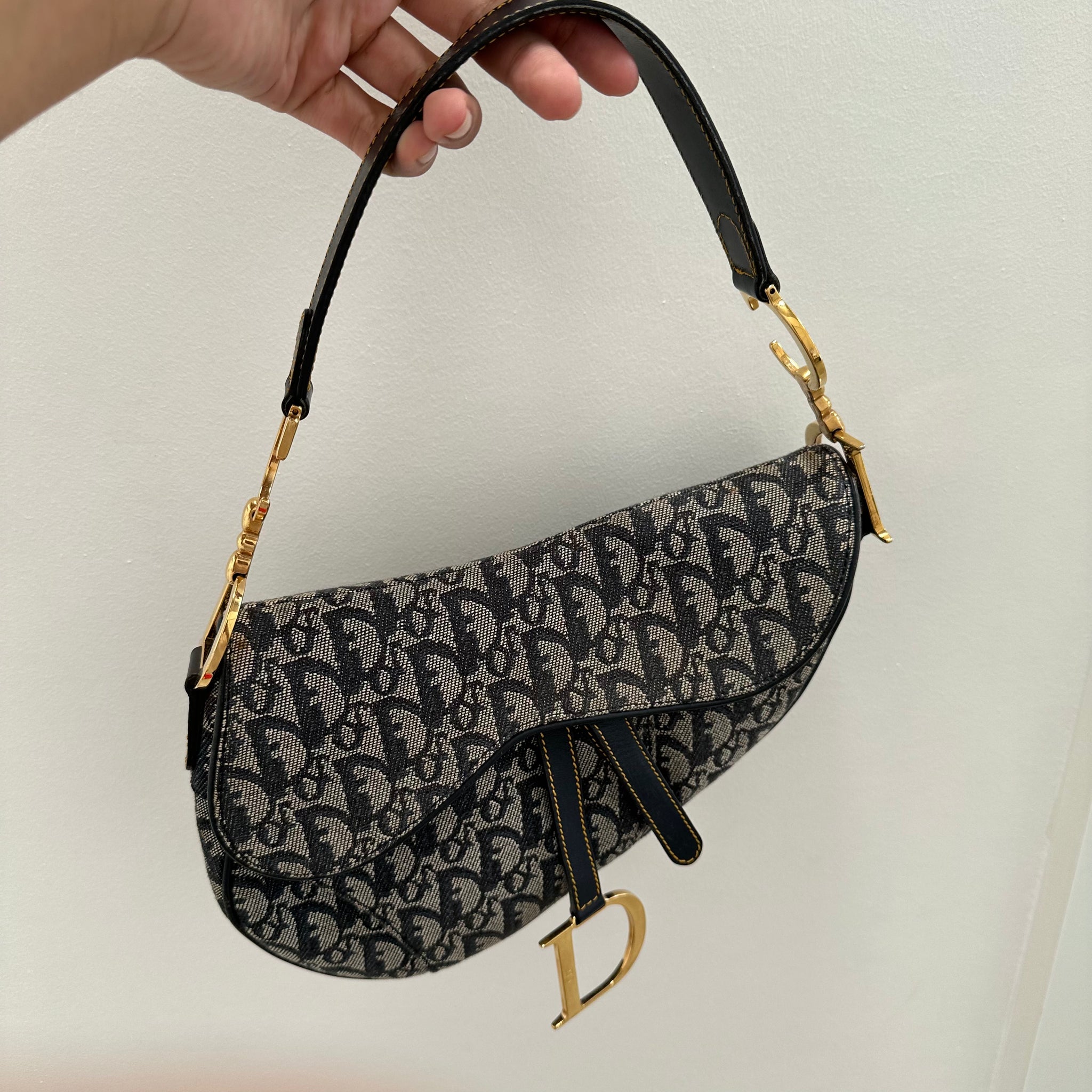 Dior Trotter Saddle Shoulder Bag Canvas Leather Navy